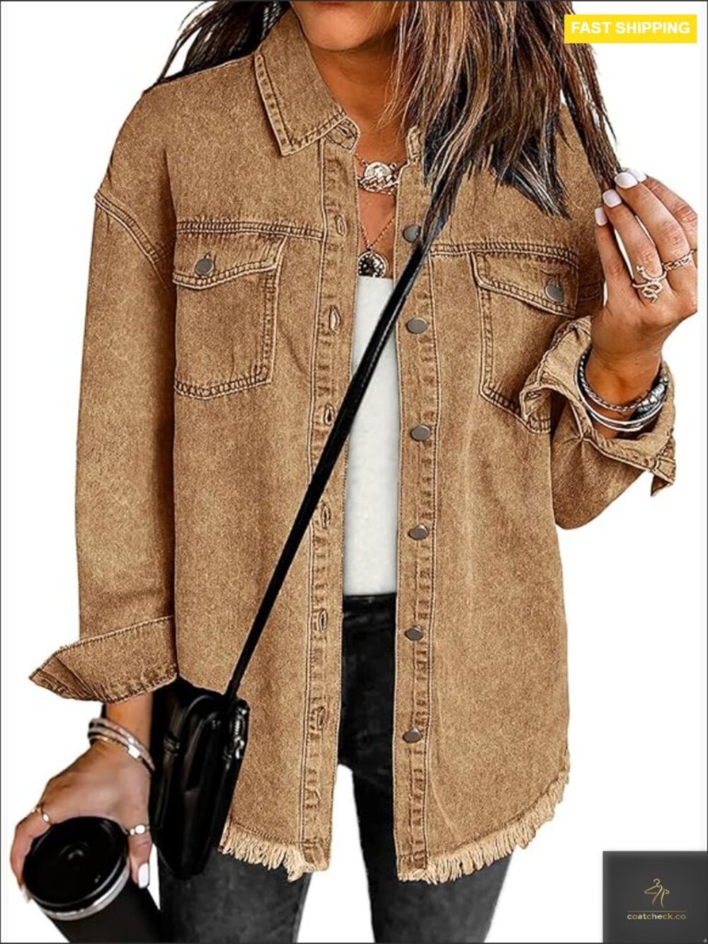 Oversized Button Down Denim Jacket Casual Frayed Hem Western Shacket